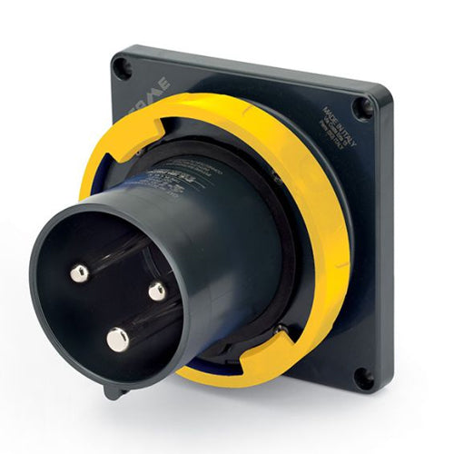 Techspan SCA3100B4W, Pin and Sleeve Inlet, 100A 125V, 2-Pole 3-Wire Grounding, Watertight (IP69) NEMA, Clock Position 4H, Yellow