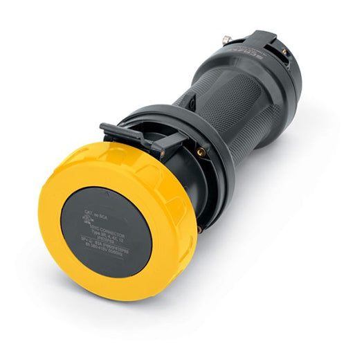 Techspan SCA3100C4W-H, Pin and Sleeve Connector, 100A 125V, 2-Pole 3-Wire Grounding, Watertight (IP69) NEMA, Clock Position 4H, Yellow