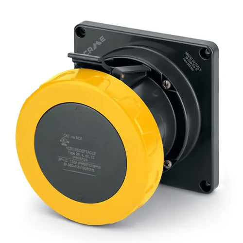 Techspan SCA3100R4W, Pin and Sleeve Receptacle, 100A 125V, 2-Pole 3-Wire Grounding, Watertight (IP69) NEMA, Clock Position 4H, Yellow