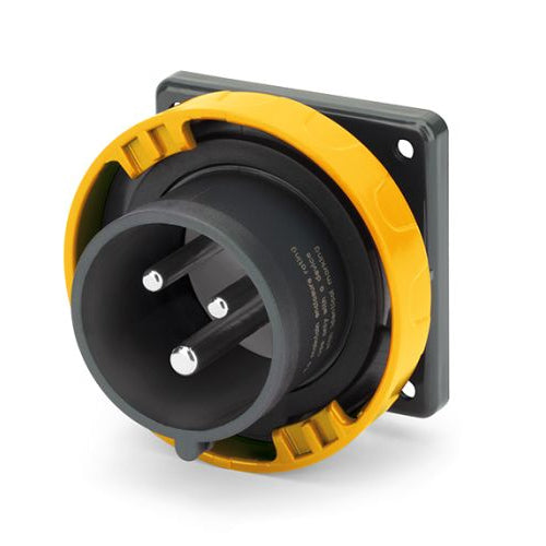 Techspan SCA320B4W, Pin and Sleeve Inlet, 20A 125V, 2-Pole 3-Wire Grounding, Watertight (IP69) NEMA, Clock Position 4H, Yellow
