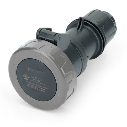 Techspan SCA320C5W, Pin and Sleeve Connector, 20A 277V, 2-Pole 3-Wire Grounding, Watertight (IP69) NEMA, Clock Position 5H, Grey