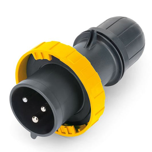 Techspan SCA330P4W, Pin and Sleeve Plug, 30A 125V, 2-Pole 3-Wire Grounding, Watertight (IP69) NEMA, Clock Position 4H, Yellow