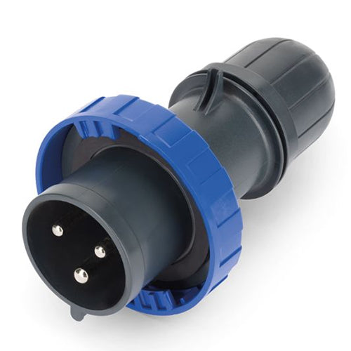 Techspan SCA330P6W, Pin and Sleeve Plug, 30A 250V, 2-Pole 3-Wire Grounding, Watertight (IP69) NEMA, Clock Position 6H, Blue