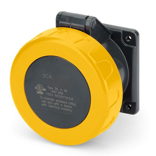 Techspan SCA330R4W, Pin and Sleeve Receptacle, 30A 125V, 2-Pole 3-Wire Grounding, Watertight (IP69) NEMA, Clock Position 4H, Yellow