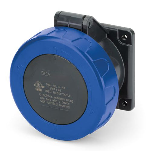 Techspan SCA530R9W, Pin and Sleeve Receptacle, 30A 3ØY120/208V, 4-Pole 5-Wire Grounding, Watertight (IP69) NEMA, Clock Position 9H, Blue