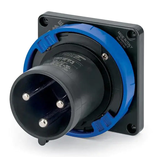 Techspan SCA360B3W, Pin and Sleeve Inlet, 60A 250VDC, 2-Pole 3-Wire Grounding, Watertight (IP69) NEMA, Clock Position 3H, Blue