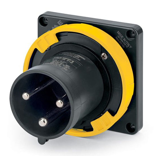 Techspan SCA360B4W, Pin and Sleeve Inlet, 60A 125V, 2-Pole 3-Wire Grounding, Watertight (IP69) NEMA, Clock Position 4H, Yellow