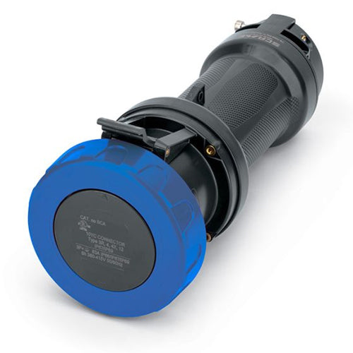 Techspan SCA460C9W-H, Pin and Sleeve Connector, 60A 3Ø250V, 3-Pole 4-Wire Grounding, Watertight (IP69) NEMA, Clock Position 9H, Blue
