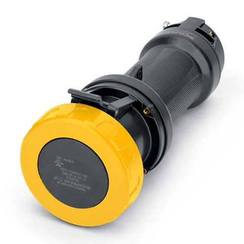 Techspan SCA360C4W-H, Pin and Sleeve Connector, 60A 125V, 2-Pole 3-Wire Grounding, Watertight (IP69) NEMA, Clock Position 4H, Yellow