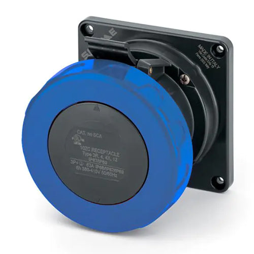 Techspan SCA360R3W, Pin and Sleeve Receptacle, 60A 250VDC, 2-Pole 3-Wire Grounding, Watertight (IP69) NEMA, Clock Position 3H, Blue