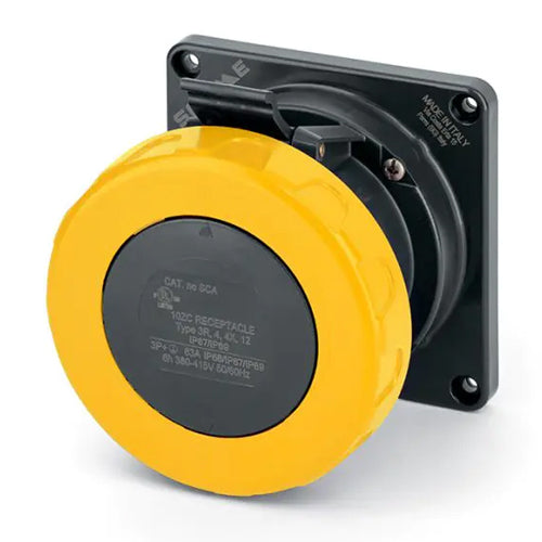 Techspan SCA360R4W, Pin and Sleeve Receptacle, 60A 125V, 2-Pole 3-Wire Grounding, Watertight (IP69) NEMA, Clock Position 4H, Yellow