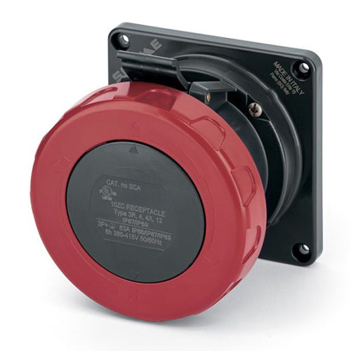 Techspan SCA360R7W, Pin and Sleeve Receptacle, 60A 480V, 2-Pole 3-Wire Grounding, Watertight (IP69) NEMA, Clock Position 7H, Red