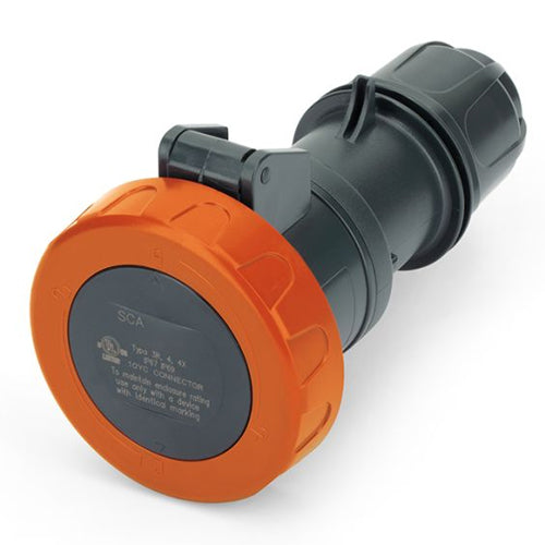 Techspan SCA430C12W, Pin and Sleeve Connector, 30A 125/250V, 3-Pole 4-Wire Grounding, Watertight (IP69) NEMA, Clock Position 12H, Orange