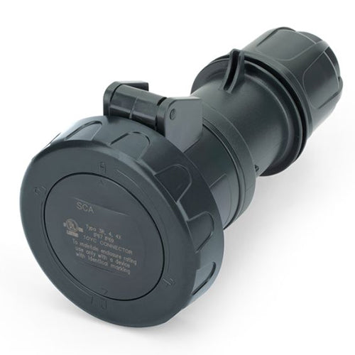 Techspan SCA520C5W, Pin and Sleeve Connector, 20A 3ØY347/600V, 4-Pole 5-Wire Grounding, Watertight (IP69) NEMA, Clock Position 5H, Black