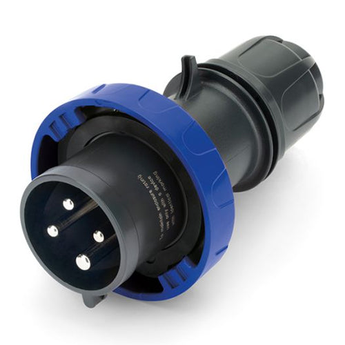 Techspan SCA430P9W, Pin and Sleeve Plug, 30A 3Ø250V, 3-Pole 4-Wire Grounding, Watertight (IP69) NEMA, Clock Position 9H, Blue