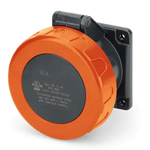Techspan SCA430R12W, Pin and Sleeve Receptacle, 30A 125/250V, 3-Pole 4-Wire Grounding, Watertight (IP69) NEMA, Clock Position 12H, Orange
