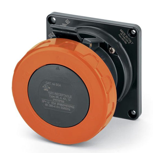Techspan SCA460R12W, Pin and Sleeve Receptacle, 60A 125/250V, 3-Pole 4-Wire Grounding, Watertight (IP69) NEMA, Clock Position 12H, Orange