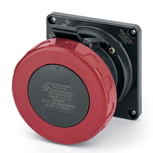 Techspan SCA560R7W, Pin and Sleeve Receptacle, 60A 3ØY277/480V, 4-Pole 5-Wire Grounding, Watertight (IP69) NEMA, Clock Position 7H, Red
