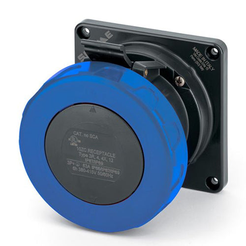 Techspan SCA560R9W, Pin and Sleeve Receptacle, 60A 3ØY120/208V, 4-Pole 5-Wire Grounding, Watertight (IP69) NEMA, Clock Position 9H, Blue