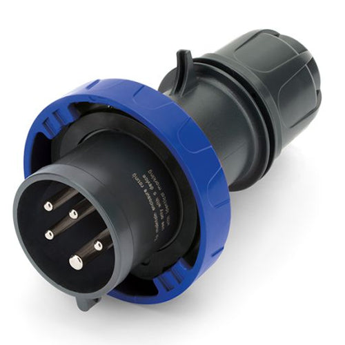 Techspan SCA520P9W, Pin and Sleeve Plug, 20A 3ØY120/208V, 4-Pole 5-Wire Grounding, Watertight (IP69) NEMA, Clock Position 9H, Blue