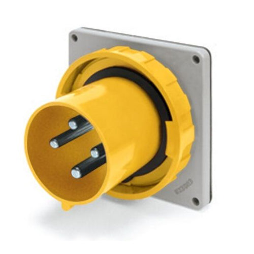 Techspan SCM3100B4W, Pin and Sleeve Inlet, 100A 125V, 2-Pole 3-Wire Grounding, Watertight (IP67) NEMA, Clock Position 4H, Yellow