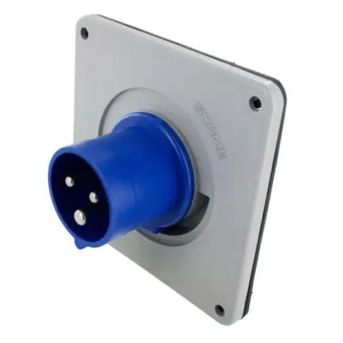 Techspan SCM320B6S, Pin and Sleeve Inlet, 20A 250V, 2-Pole 3-Wire Grounding, Clock Position 6H, Splashproof (IP44), Blue