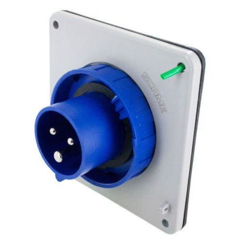 Techspan SCM320B6W, Pin and Sleeve Inlet, 20A 250V, 2-Pole 3-Wire Grounding, Clock Position 6H, Watertight (IP67), Blue