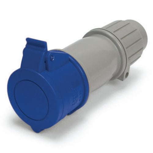 Techspan SCM320C6S, Pin and Sleeve Connector, 20A 250V, 2-Pole 3-Wire Grounding, Clock Position 6H, Splashproof (IP44), Blue