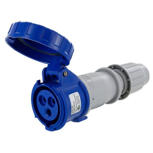 Techspan SCM320C6W, Pin and Sleeve Connector, 20A 250V, 2-Pole 3-Wire Grounding, Clock Position 6H, Watertight (IP67), Blue