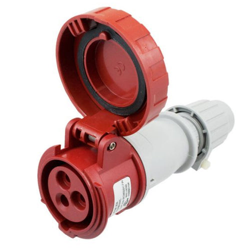 Techspan SCM320C7W, Pin and Sleeve Connector, 20A 480V, 2-Pole 3-Wire Grounding, Clock Position 7H, Watertight (IP67), Red