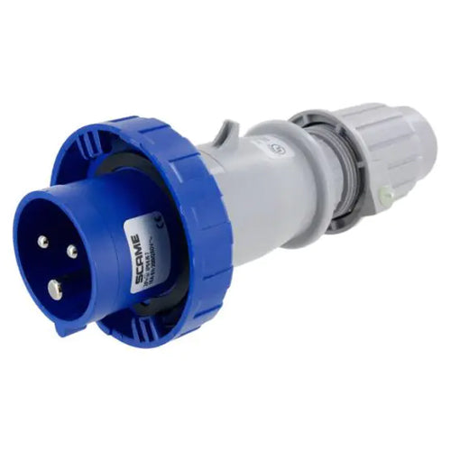 Techspan SCM320P6W, Pin and Sleeve Plug, 20A 250V, 2-Pole 3-Wire Grounding, Clock Position 6H, Watertight (IP67), Blue