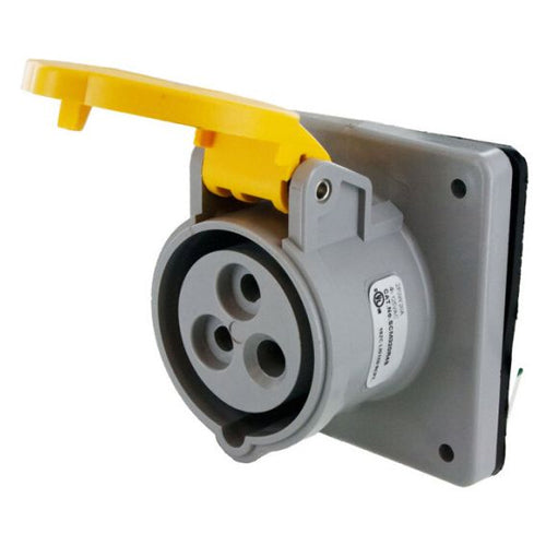 Techspan SCM320R4S, Pin and Sleeve Receptacle, 20A 125V, 2-Pole 3-Wire Grounding, Splashproof (IP44), Clock Position 4H, Yellow