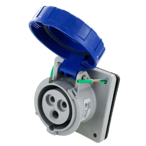 Techspan SCM320R6W, Pin and Sleeve Receptacle, 20A 250V, 2-Pole 3-Wire Grounding, Clock Position 6H, Watertight (IP67), Blue