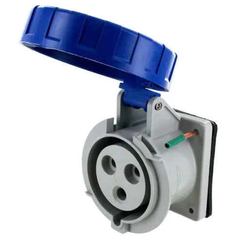 Techspan SCM330R6W, Pin and Sleeve Receptacle, 30A 250V, 2-Pole 3-Wire Grounding, Clock Position 6H, Watertight (IP67), Blue