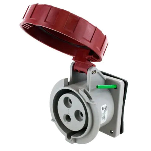 Techspan SCM330R7W, Pin and Sleeve Receptacle, 30A 480V, 2-Pole 3-Wire Grounding, Clock Position 7H, Watertight (IP67), Red