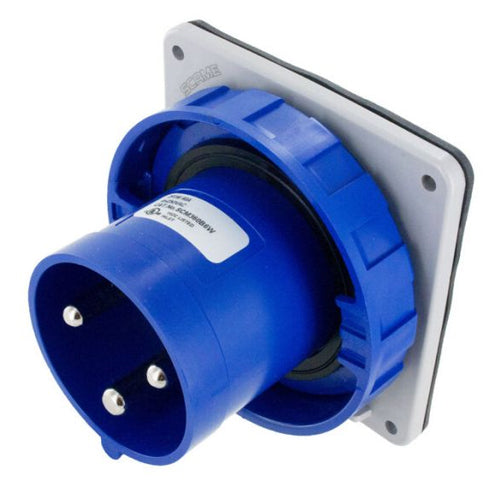 Techspan SCM360B3W, Pin and Sleeve Inlet, 60A 250VDC, 2-Pole 3-Wire Grounding, Clock Position 3H, Watertight (IP67), Blue