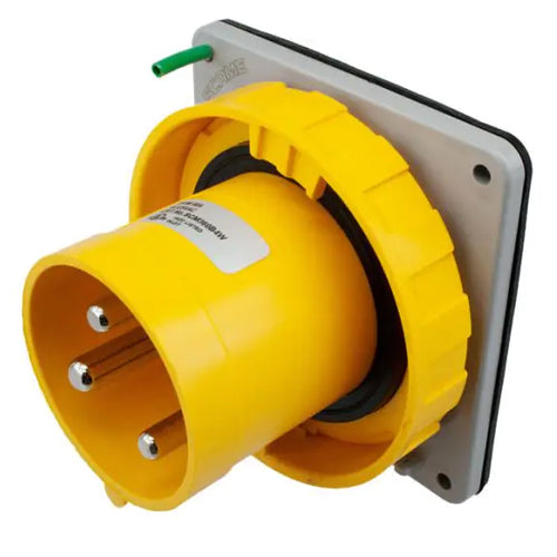 Techspan SCM360B4W, Pin and Sleeve Inlet, 60A 125V, 2-Pole 3-Wire Grounding, Clock Position 4H, Watertight (IP67), Yellow