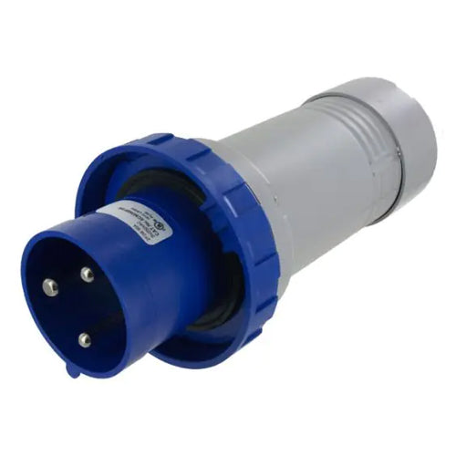 Techspan SCM360P3W, Pin and Sleeve Plug, 60A 250VDC, 2-Pole 3-Wire Grounding, Clock Position 3H, Watertight (IP67), Blue