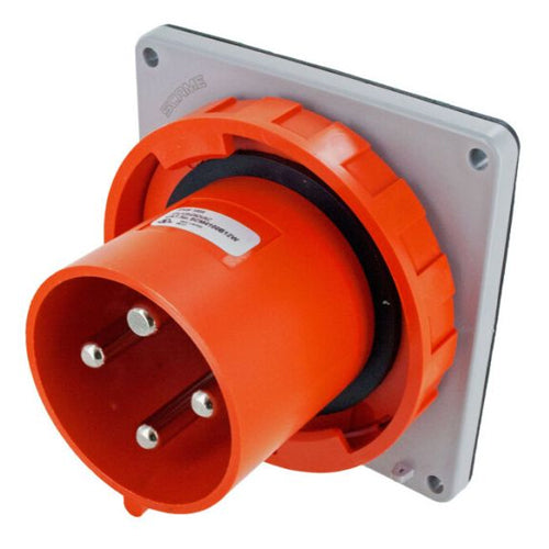 Techspan SCM4100B12W, Pin and Sleeve Inlet, 100A 125/250V, 3-Pole 4-Wire Grounding, Clock Position 12H, Watertight (IP67), Orange