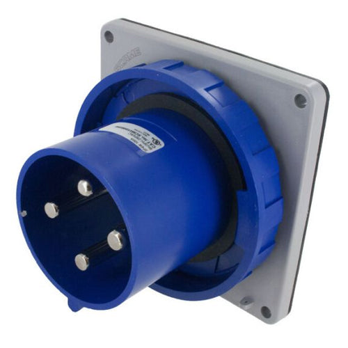 Techspan SCM4100B9W, Pin and Sleeve Inlet, 100A 3Ø250V, 3-Pole 4-Wire Grounding, Clock Position 9H, Watertight (IP67), Blue