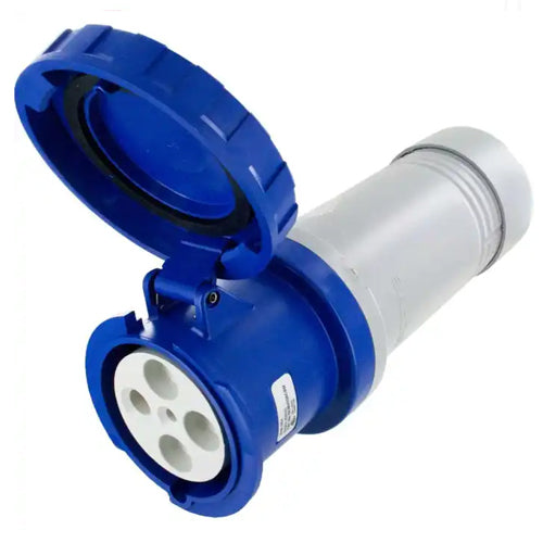 Techspan SCM4100C9W, Pin and Sleeve Connector, 100A 3Ø250V, 3-Pole 4-Wire Grounding, Clock Position 9H, Watertight (IP67), Blue