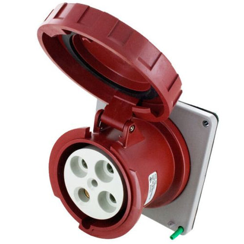 Techspan SCM4100R7W, Pin and Sleeve Receptacle, 100A 3Ø480V, 3-Pole 4-Wire Grounding, Clock Position 7H, Watertight (IP67), Red