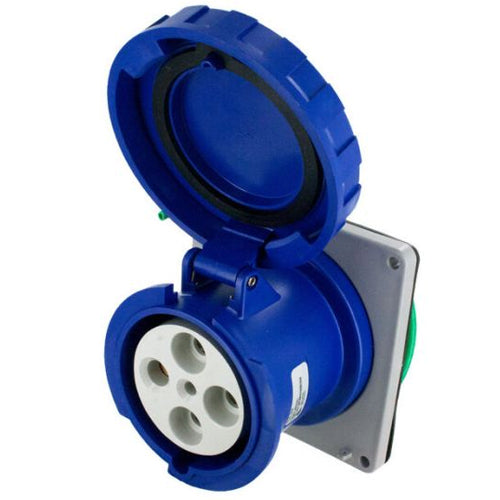 Techspan SCM4100R9W, Pin and Sleeve Receptacle, 100A 3Ø250V, 3-Pole 4-Wire Grounding, Clock Position 9H, Watertight (IP67), Blue