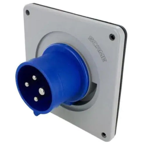 Techspan SCM420B9S, Pin and Sleeve Inlet, 20A 3Ø250V, 3-Pole 4-Wire Grounding, Clock Position 9H, Splashproof (IP44), Blue