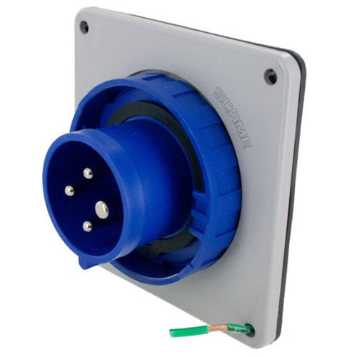 Techspan SCM420B9W, Pin and Sleeve Inlet, 20A 3Ø250V, 3-Pole 4-Wire Grounding, Clock Position 9H, Watertight (IP67), Blue