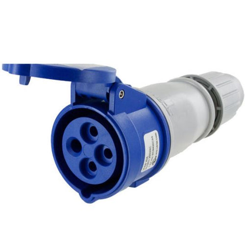 Techspan SCM420C9S, Pin and Sleeve Connector, 20A 3Ø250V, 3-Pole 4-Wire Grounding, Clock Position 9H, Splashproof (IP44), Blue