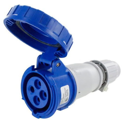 Techspan SCM420C9W, Pin and Sleeve Connector, 20A 3Ø250V, 3-Pole 4-Wire Grounding, Clock Position 9H, Watertight (IP67), Blue