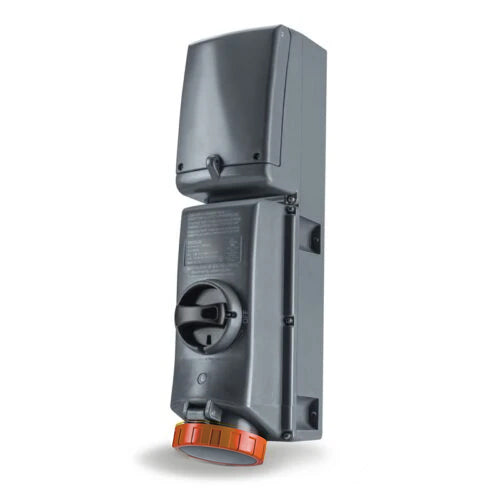 Techspan SCM420MI12W-C, Unfused Mechanical Interlock with Base and Consumer Unit, 20A 125/250V, 3-Pole 4-Wire Grounding, Clock Position 12H, Orange