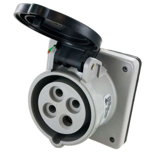 Techspan SCM420R5S, Pin and Sleeve Receptacle, 20A 3Ø600V, 3-Pole 4-Wire Grounding, Clock Position 5H, Splashproof (IP44), Black