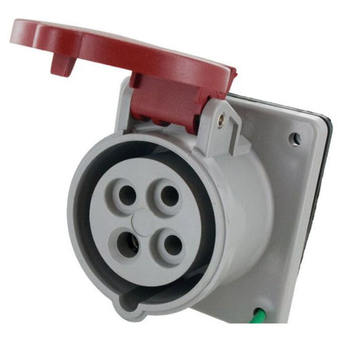 Techspan SCM420R7S, Pin and Sleeve Receptacle, 20A 3Ø480V, 3-Pole 4-Wire Grounding, Clock Position 7H, Splashproof (IP44), Red